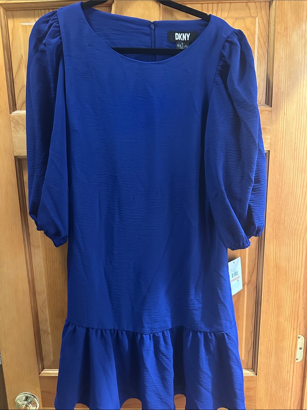 DKNY Cobalt Blue Puff-Sleeve Ruffle Dress